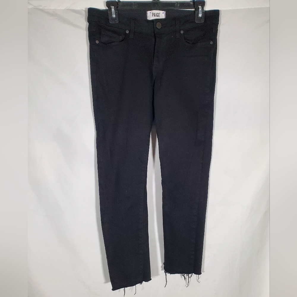 PAIGE SKYLINE BLACK ANKLE RAW DISTRESSED HEM STRETCH SEXY SKINNY JEANS WOMENS 29